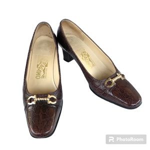 Salvatore Ferragamo Horsebit Pumps Brown Embossed Leather
